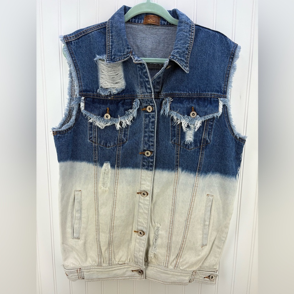 NEW POL Blue and White Denim Vest Distressed Detail Boho Writing on Back Medium